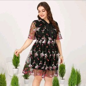 Tie Neck Floral Embroidery Mesh Overlay Dress 4x